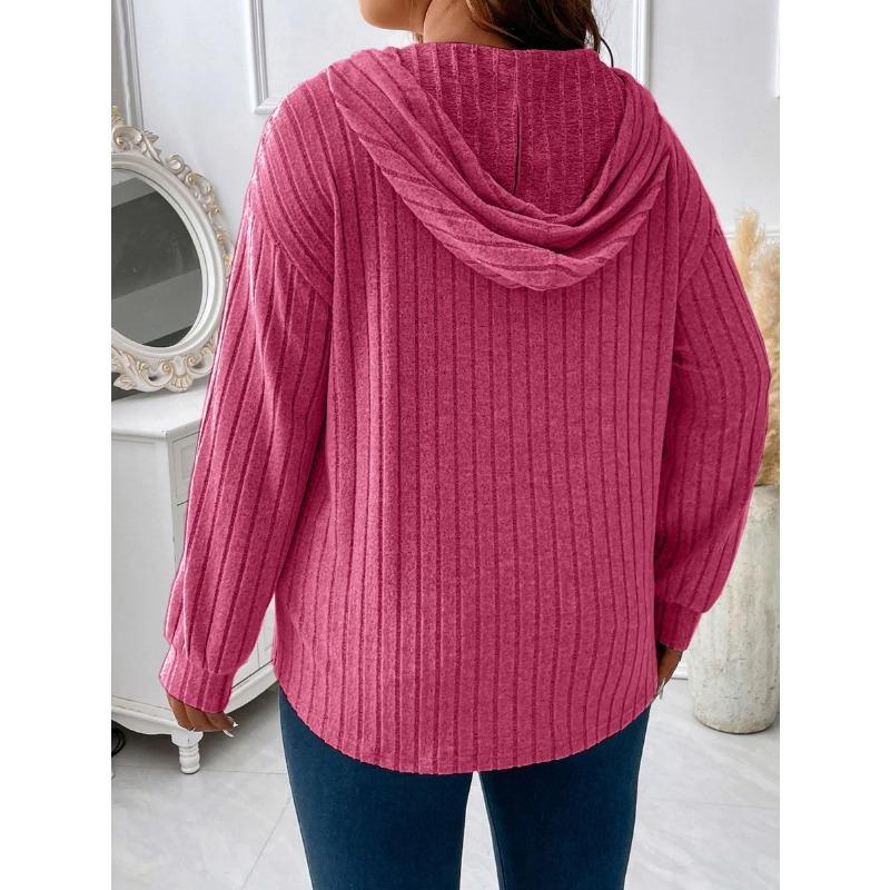 Solid Color Loose Plus Size Hooded V Neck Long Sleeve Ribbed Brushed T Shirt Top