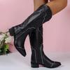 Fashion Retro Rivet Mid Calf Cowboy Boots for Women 2024 Autumn  Chunky Heels Western Boots Woman Slip On Pointed Toe Cowgirl Boras