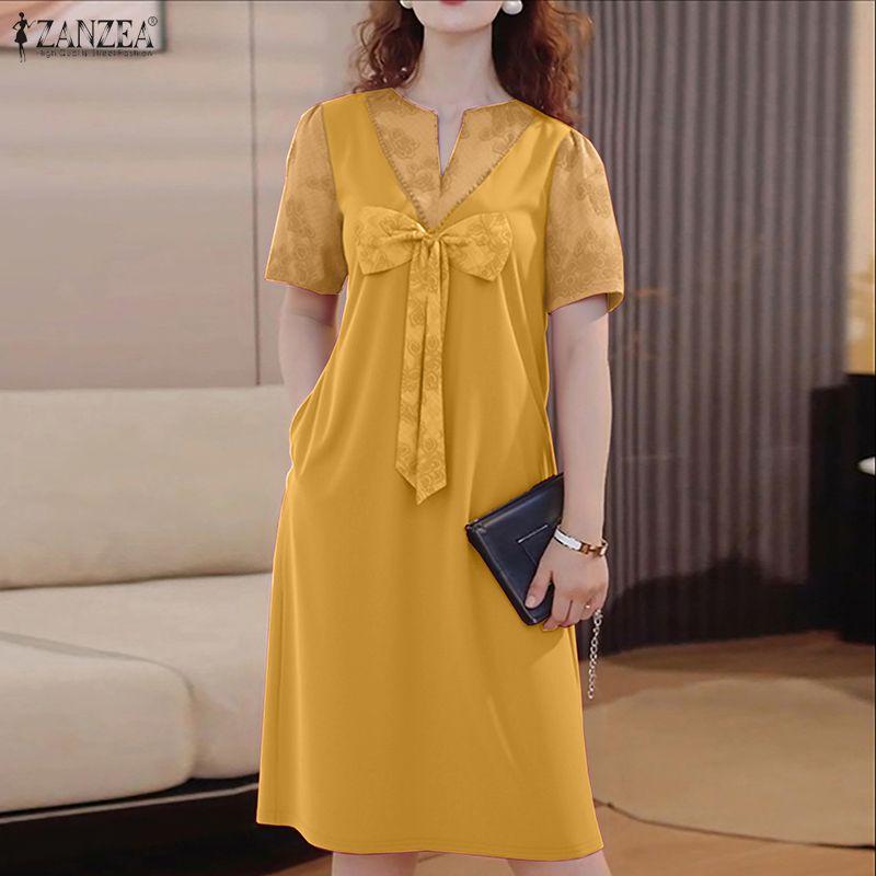 ZANZEA Elegant Womens Casual Round Neck Short Sleeve Splice Dress