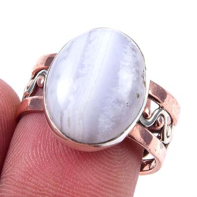 Natural Blue Lace Agate Gemstone 925 Sterling Silver Two Tone Ring Size 8 K2V09