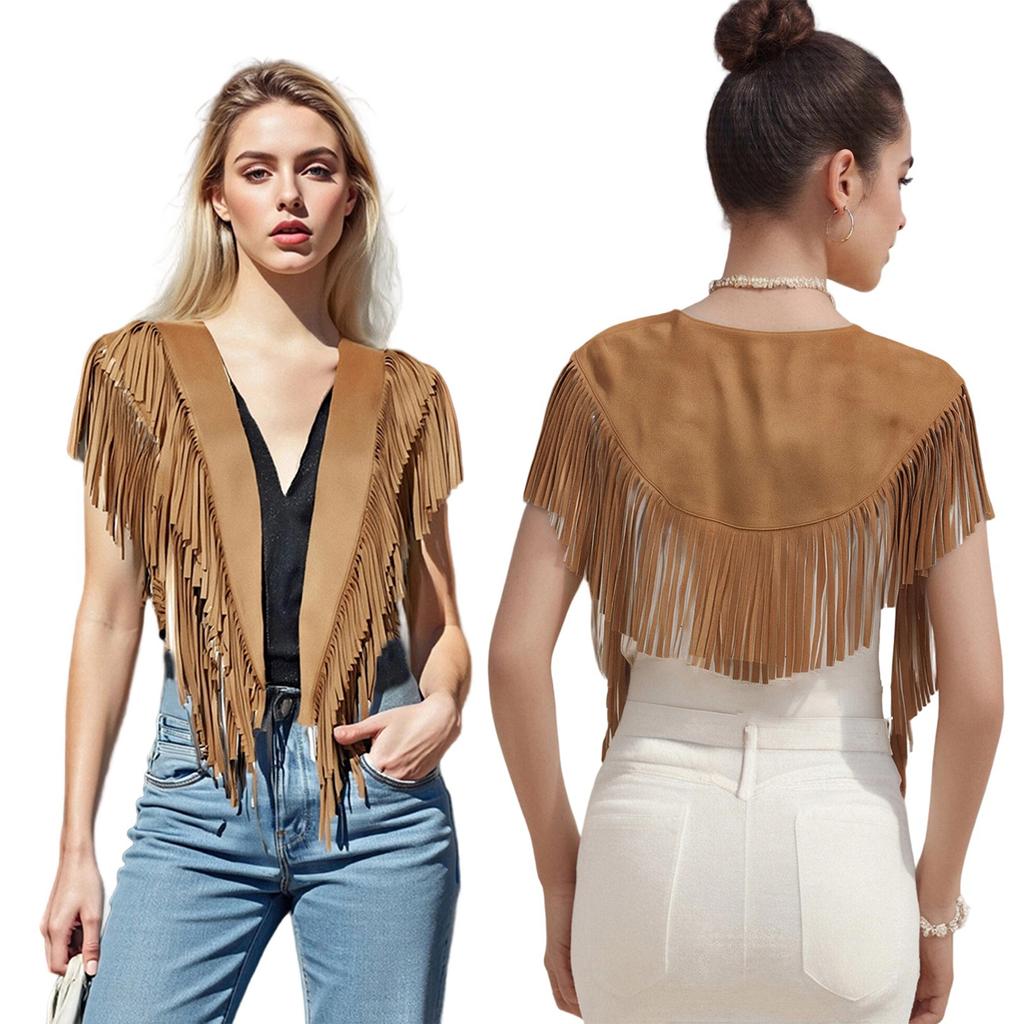 Damen Wildleder Quasten Weste 70er Jahre Hippie Outfit Ärmellos Offene Vorderseite Weste Western Kragen