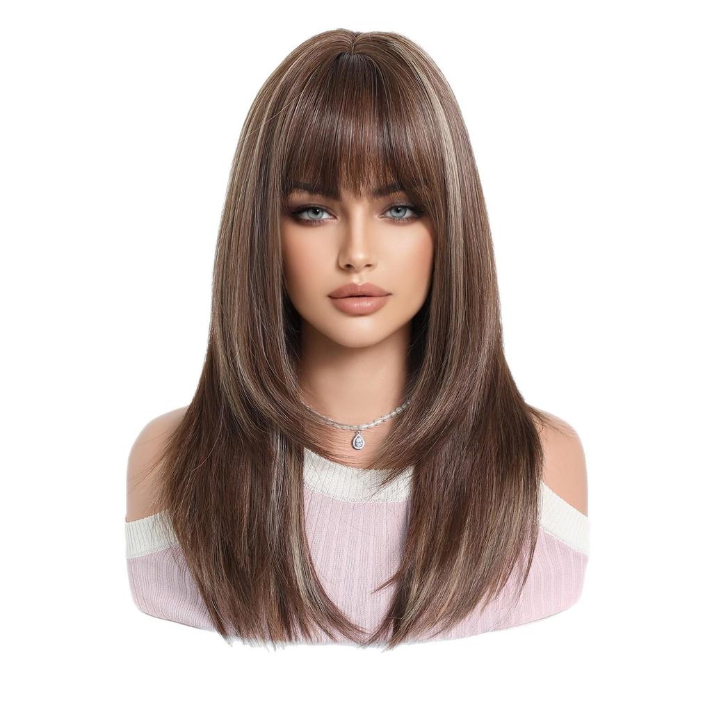 European Style Brown Medium Long Wig with Full Bangs for Women - High-Temperature Fiber