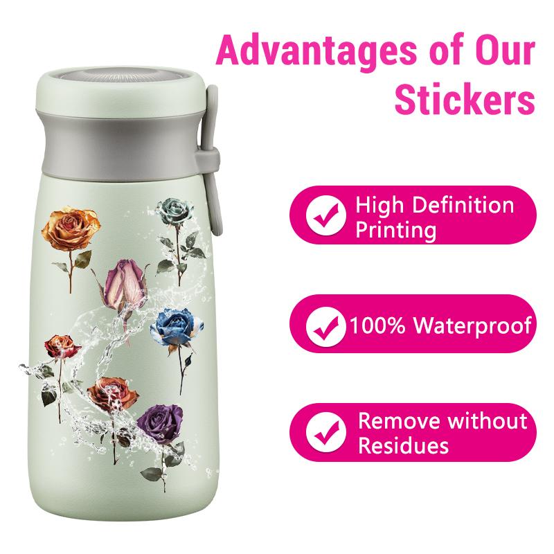 50PCS Vintage Dried Rose Stickers Aesthetic PET Transparent Flower Botanical Sticker Waterproof Decorative Decals for Scrapbook