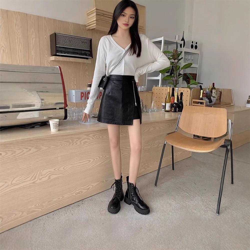 High Waist Korean Style PU Leather A-line Skirt - Autumn/Winter Short Hip Wrap