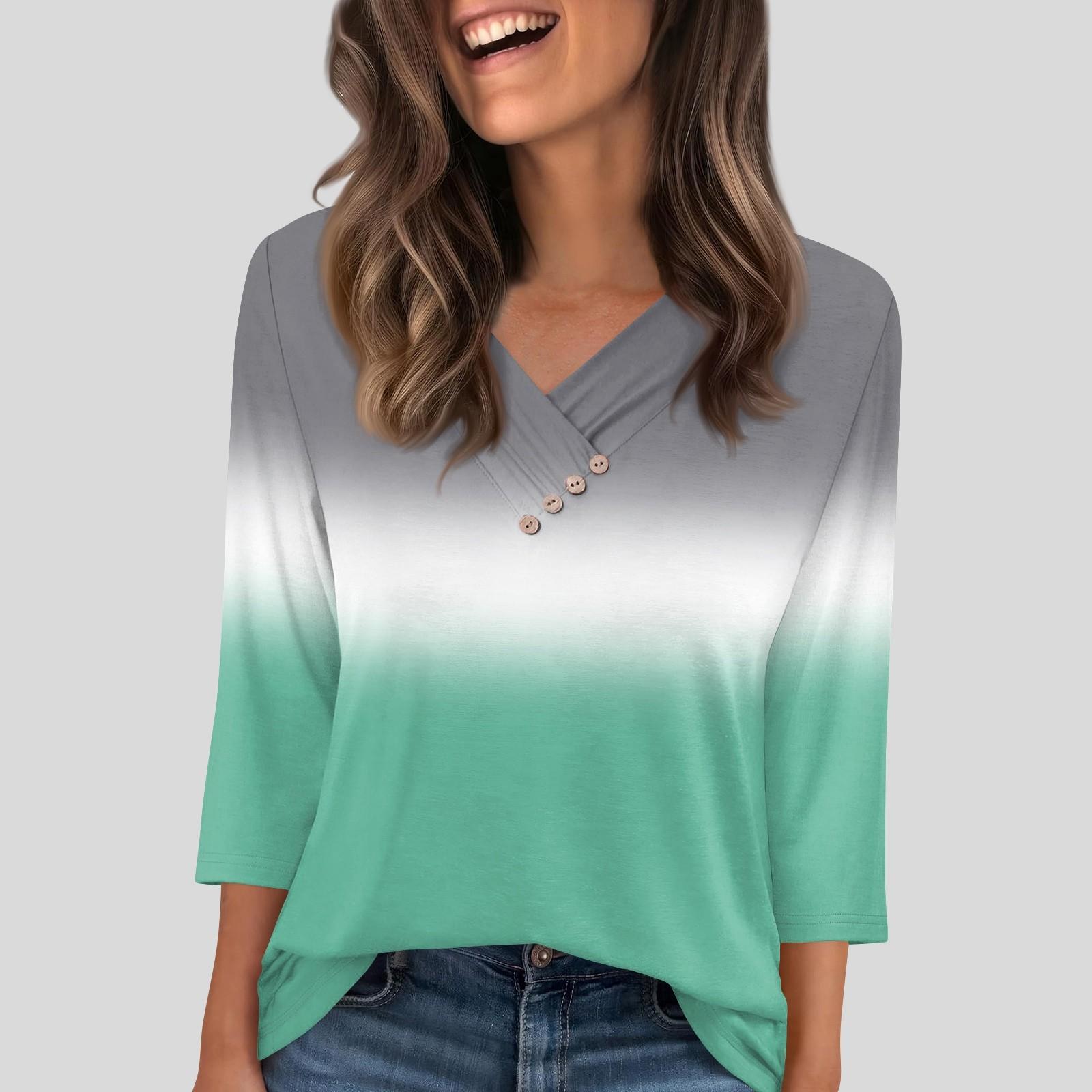 

Женская футболка, футболка, пуговица, рукав 3/4, туника, повседневная, для выходных, модная, базовая, с V-образным вырезом, обычный топ XXL зелёный