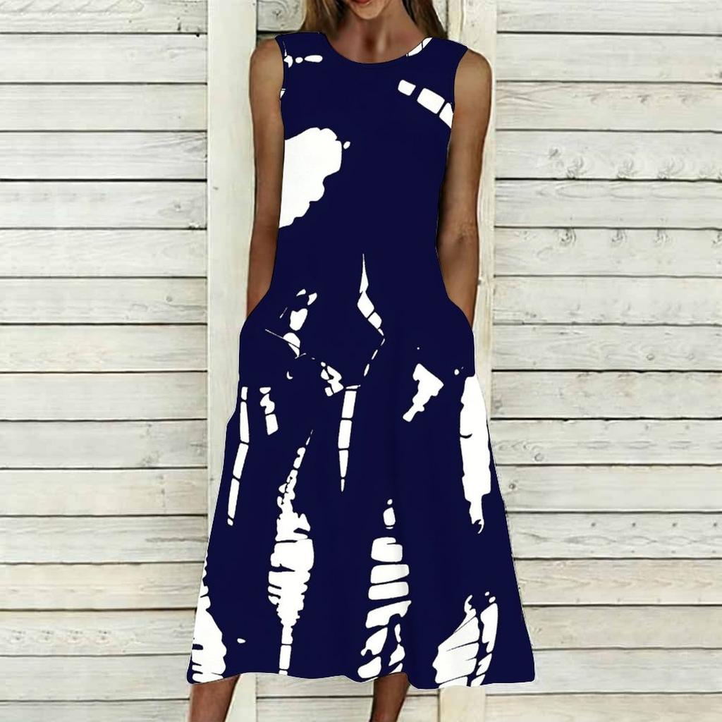 Women Plus Size Sleeveless Round Neck Dress Luxe Large Blossom Printed Flowy Calf Length Gown