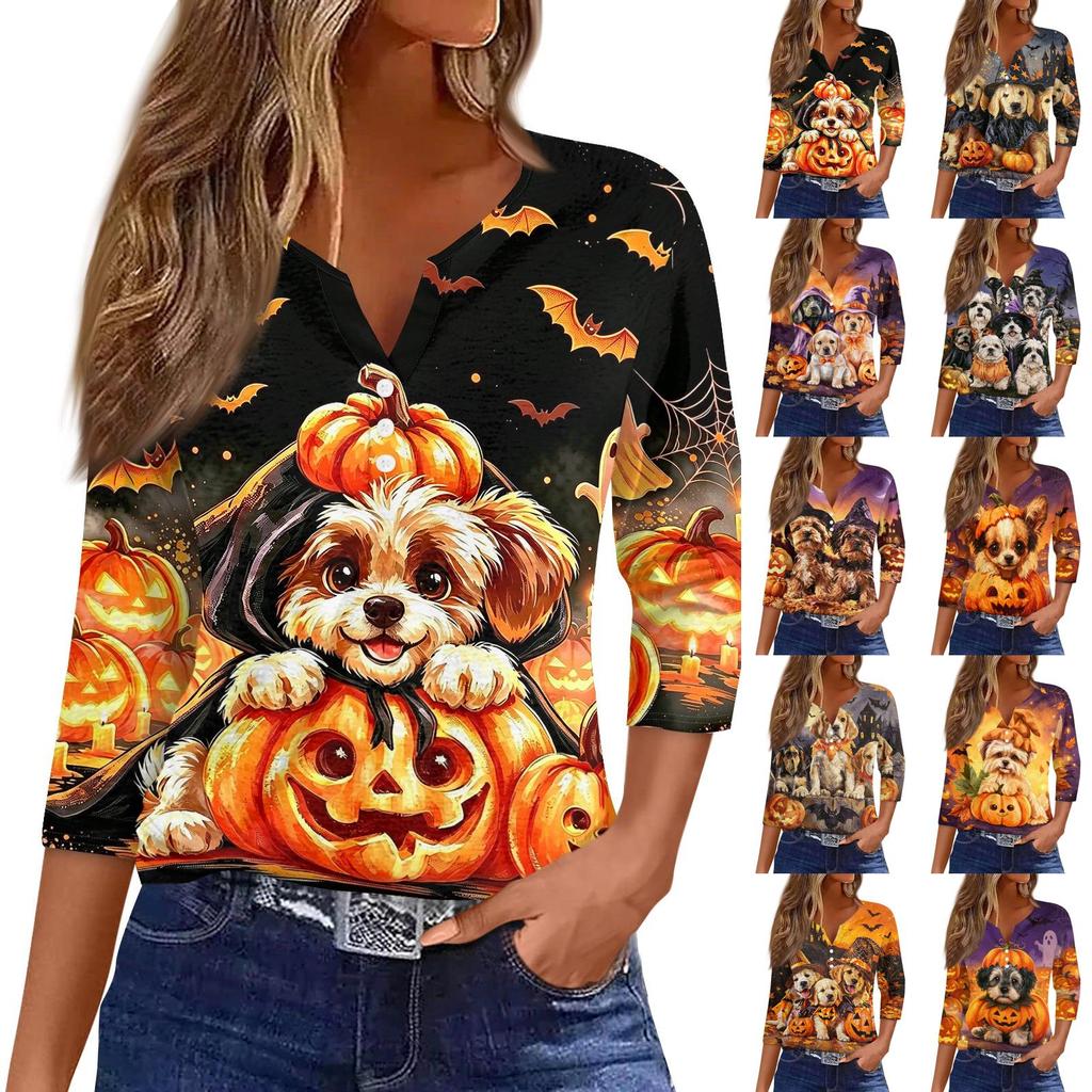 Women's Casual Halloween Print V-Neck Button Three-Quarter Sleeve Pullover T-Shirt