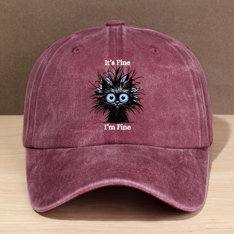 Módní Baseballová Čepice ItS Fine Im Fine s Kočičí Grafikou, Vypraná, Nastavitelná Velikost, Lehká, Odolná
