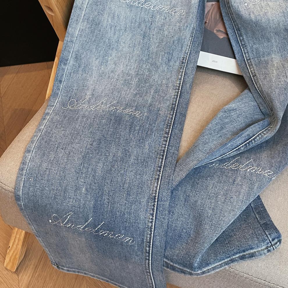 American Spicy Girl Rhinestone Lace Patchwork High-Waisted Straight Leg Slimming Denim Jeans