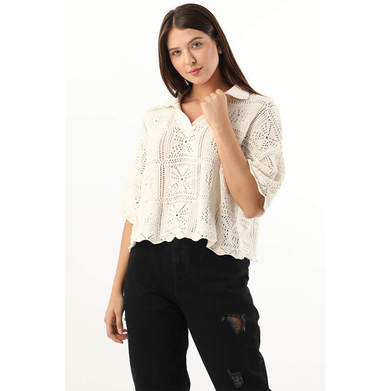 

Женский укороченный трикотажный свитер оверсайз с воротником поло цвета экрю L экрю