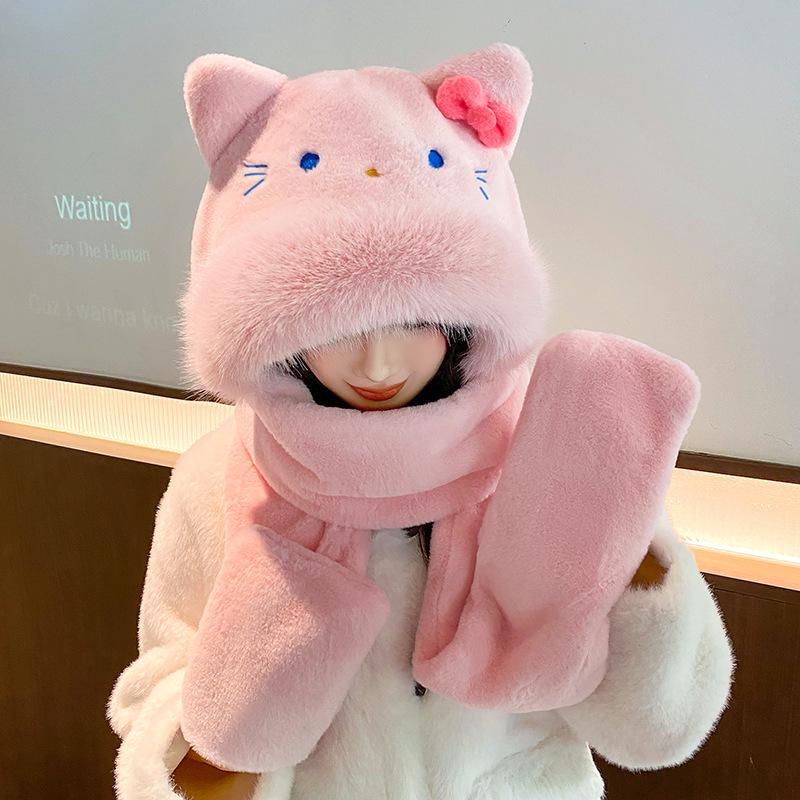 KT Cat Ears Plush Three-in-One Winter Set: Warm Hooded Scarf, Hat, and Gloves