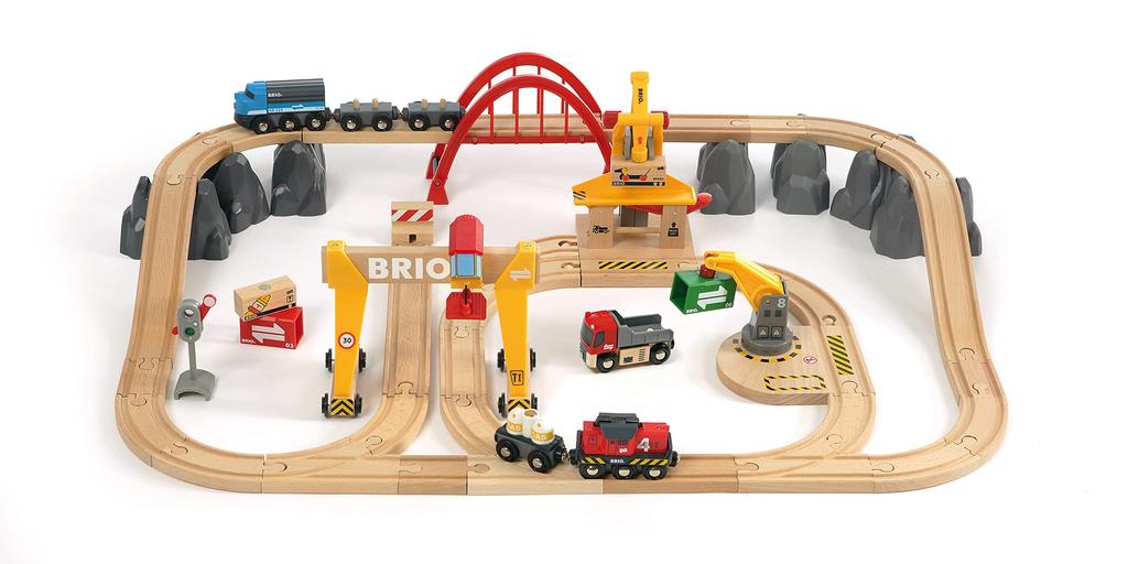 BRIO WORLD Cargo Rail Deluxe Set [Total 54 Pieces] Ages 3 and Up (Electric Vehicle Train Toy Wooden Rail) 33097