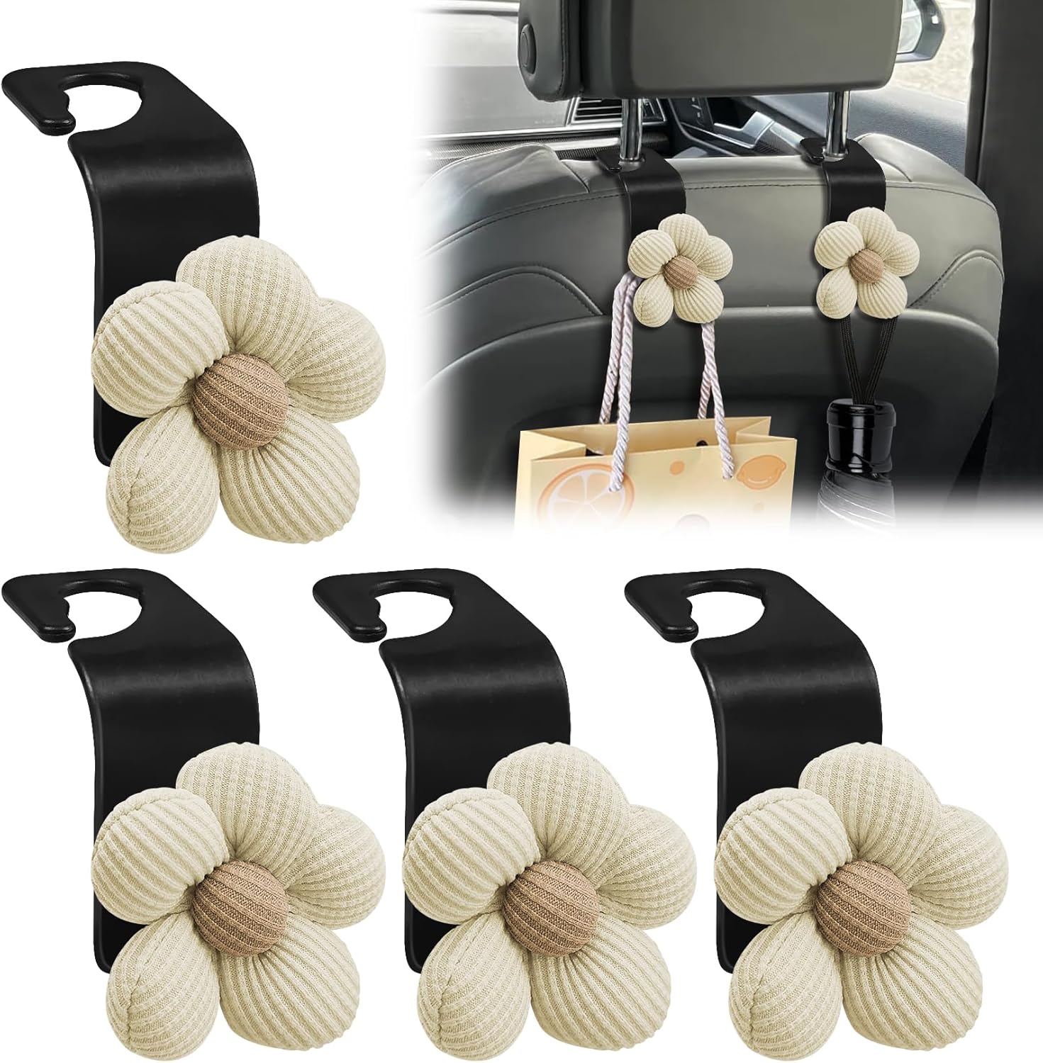 HABNVUON 4PCS Headrest Wallet Hooks, Cute Flower Automatic Seat Back Storage Bag, Portable Car Accessories