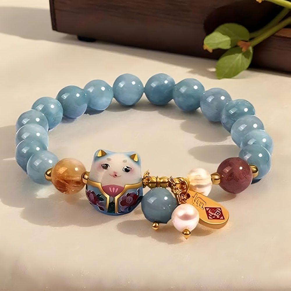 Lucky Cat Charm Blue Beaded Bracelet Natural Stone Fortune Cat Bracelet Cute Good Luck Jewelry for Women