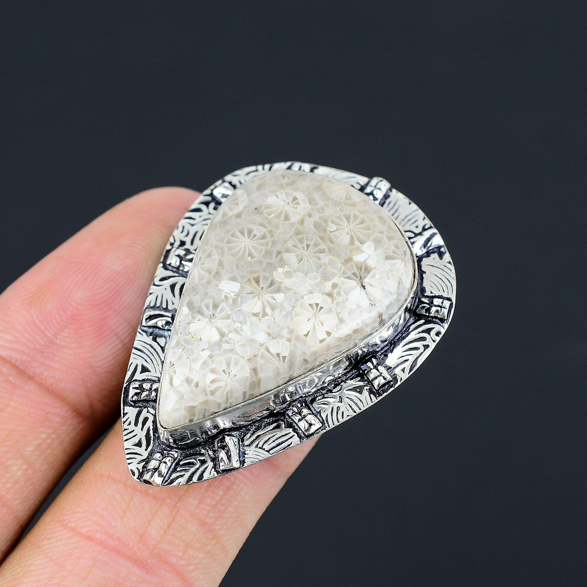 Womens day Sale Natural Fossil Coral 925 Sterling Silver Solitaire Ring US 7.5 7.5