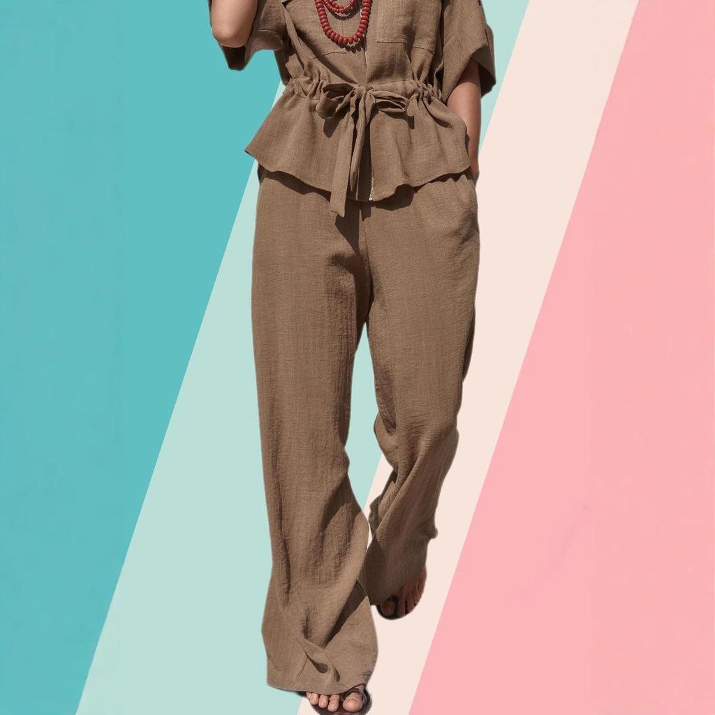 European Chic Old-Money Style Summer Two-Piece: Short-Sleeve Shirt & Wide-Leg Pants for Women
