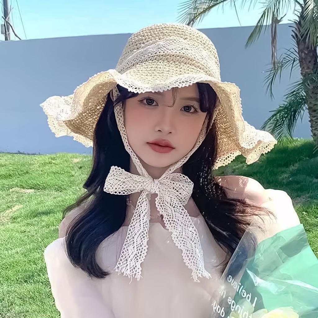 Women Wide Brim Summer Hat Portable Design Elegant Straw Hats Lace Hollow Straw Hat for Travel Holiday Beach Playing