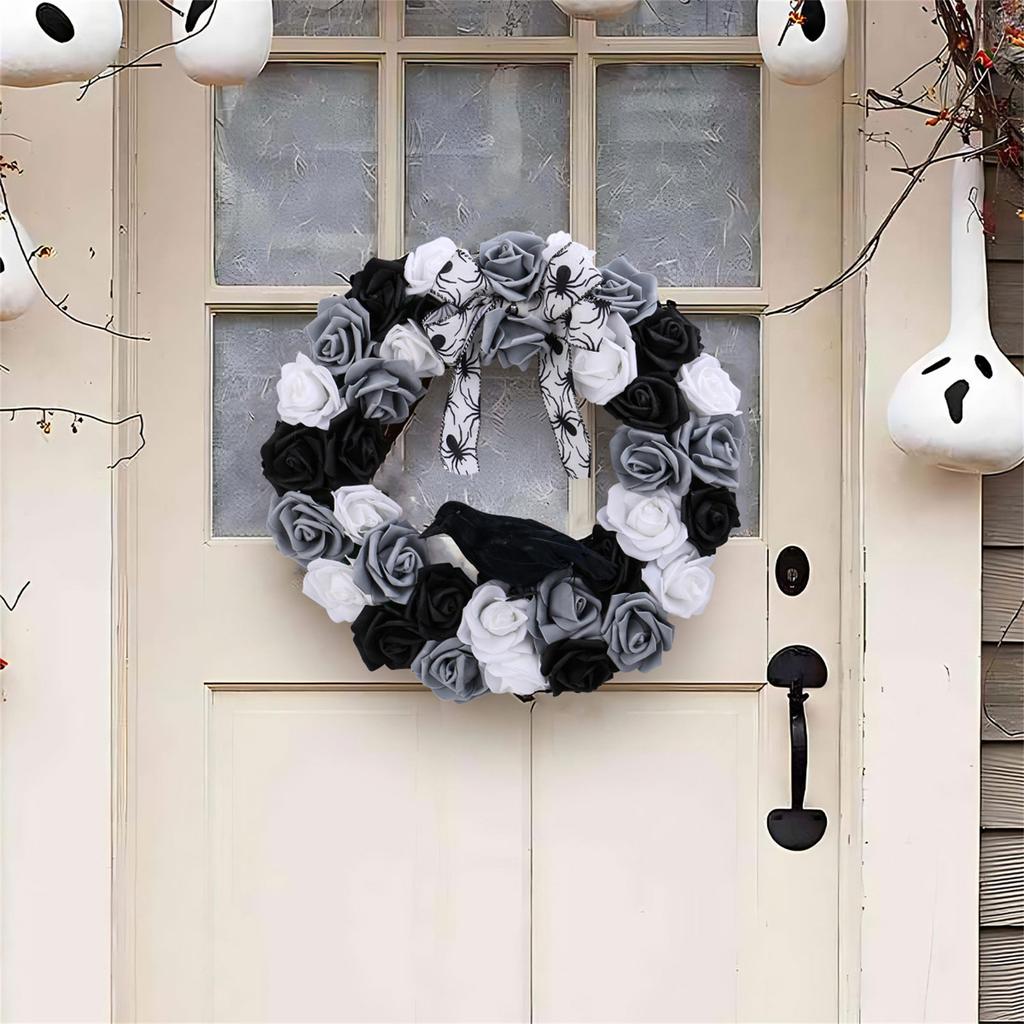 Halloween Wreath Gothic Garlands Front Door Wreath with Black and White Rose Crow Decorative Wreath For Wall Decoration