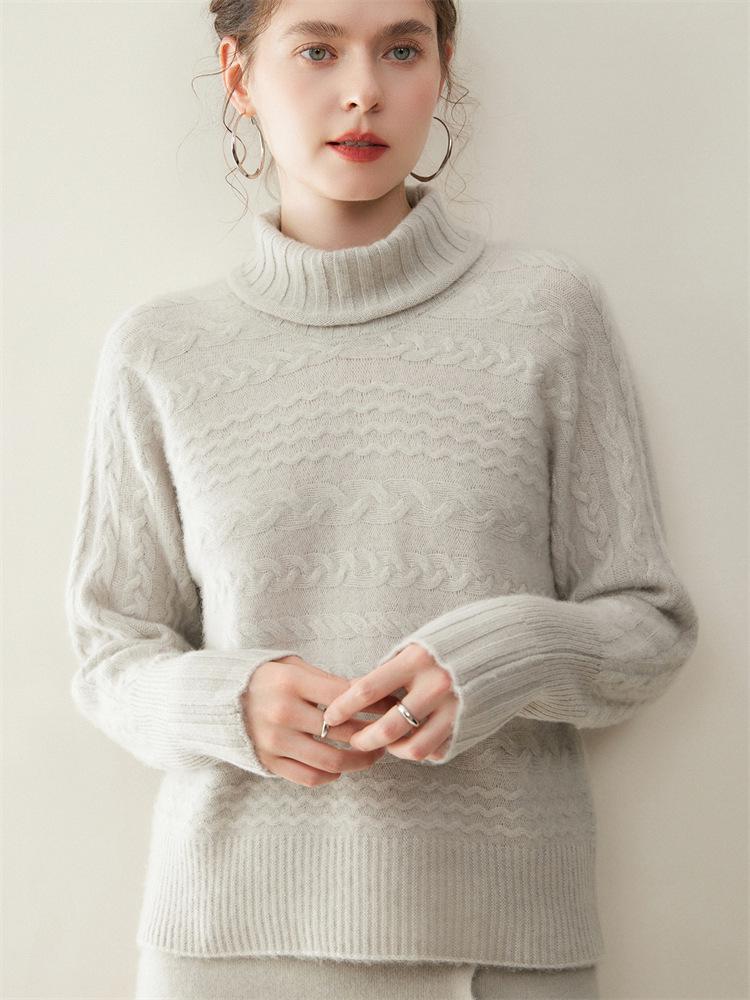 Autumn Winter Retro Cable Knit High Neck Cashmere Women's Sweater - Loose Fit, Solid Color Pullover