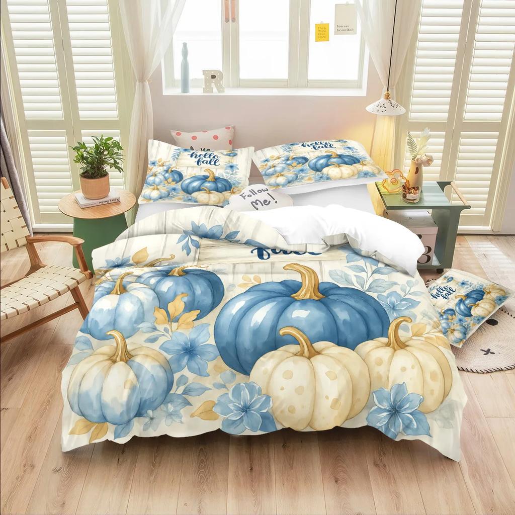 3 Pcs Harvest Pumpkin Printed Down Duvet Covers 1 Down Duvet Cover+2 Pillowcases No Core. Soft And Comfortable Bedding Set