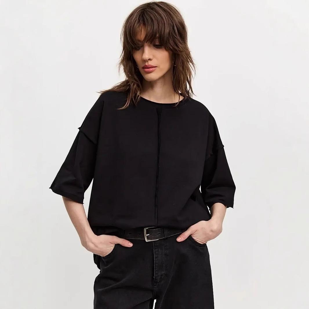 

Женские футболки свободного покроя с коротким рукавом, базовая футболка с круглым вырезом, летняя дышащая свободная посадка, повседневные однотонные хлопковые пуловеры для женщин S/M чёрный