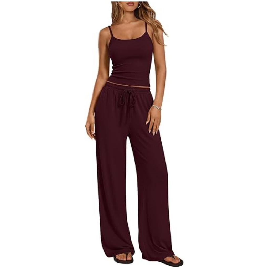 Women's Loose Fit Two-piece Loungewear Set Sleeveless Spaghetti Strap Camisole Drawstring High Waist Wide Leg Pants Matching Tracksuit