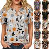 Damen Halloween Print V-Ausschnitt Kurzarm Geknöpft Dreiviertelarm T-Shirt Lässiges Oberteil für Herbst Saisonale Kleidung