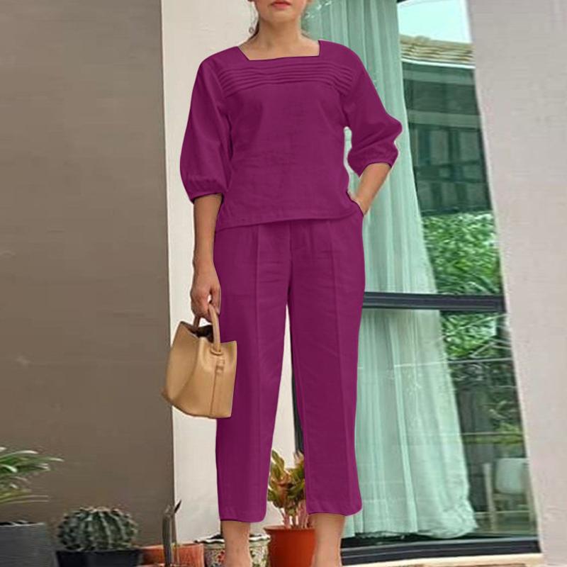 

ZANZEA Женские повседневные комплекты из блузки и брюк с рукавом 3/4 из двух предметов 5XL