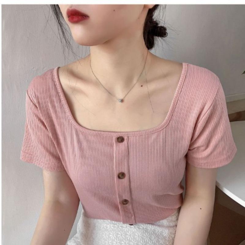 Retro Summer Slim Short Section Square Neck Knit Shirt Short-sleeved T-shirt Female Yankee Heart Machine Exposed Collarbone Tops Casual Pullovers Tees