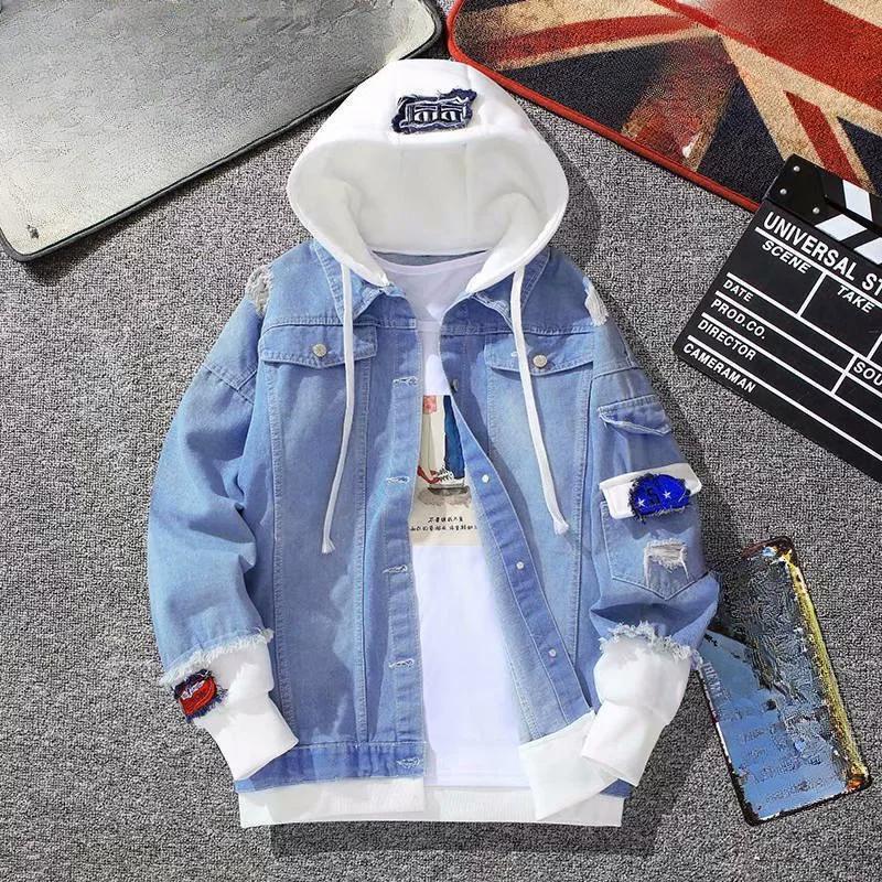 Spring and Autumn Splicing Fake Two Piece Cowboy Jacket Korean Edition Trendy Casual Versatile Loose Workwear Hooded Casual Jacket