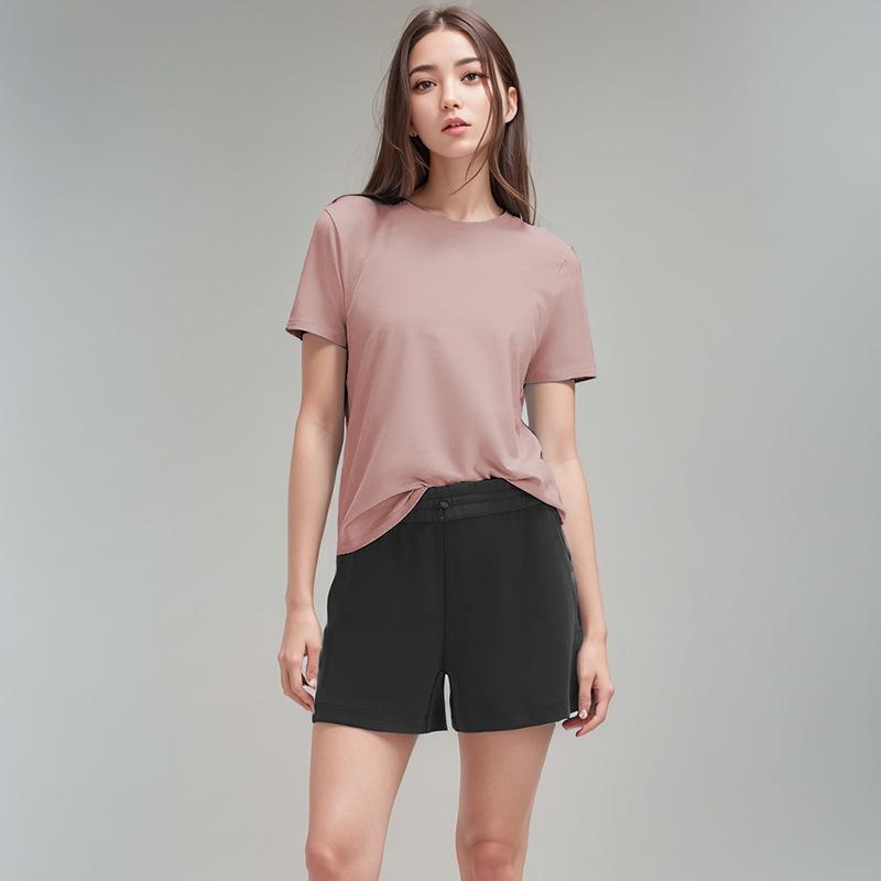 Women's Short Sleeve Round Neck Cotton-Spandex Yoga T-Shirt - Soft, Comfortable, Solid Color for Fitness & Casual Wear.