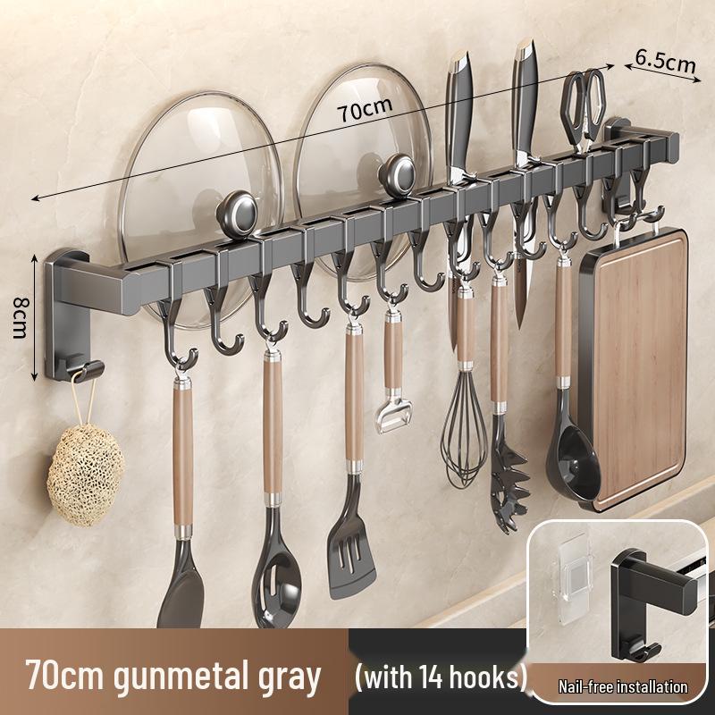 Black Traceless Adhesive Kitchen Storage Rack: Punch-Free Wall-Mounted Pot Lid, Knife Holder, Multi-Functional Hooks
