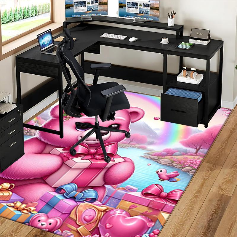 1pc Pink Teddy Bear with Flowers Chair Mat - Anime Cartoon Design, Festival Gift, Non-Slip Carpet for Office and Home Decor, Suitable for All Seasons.