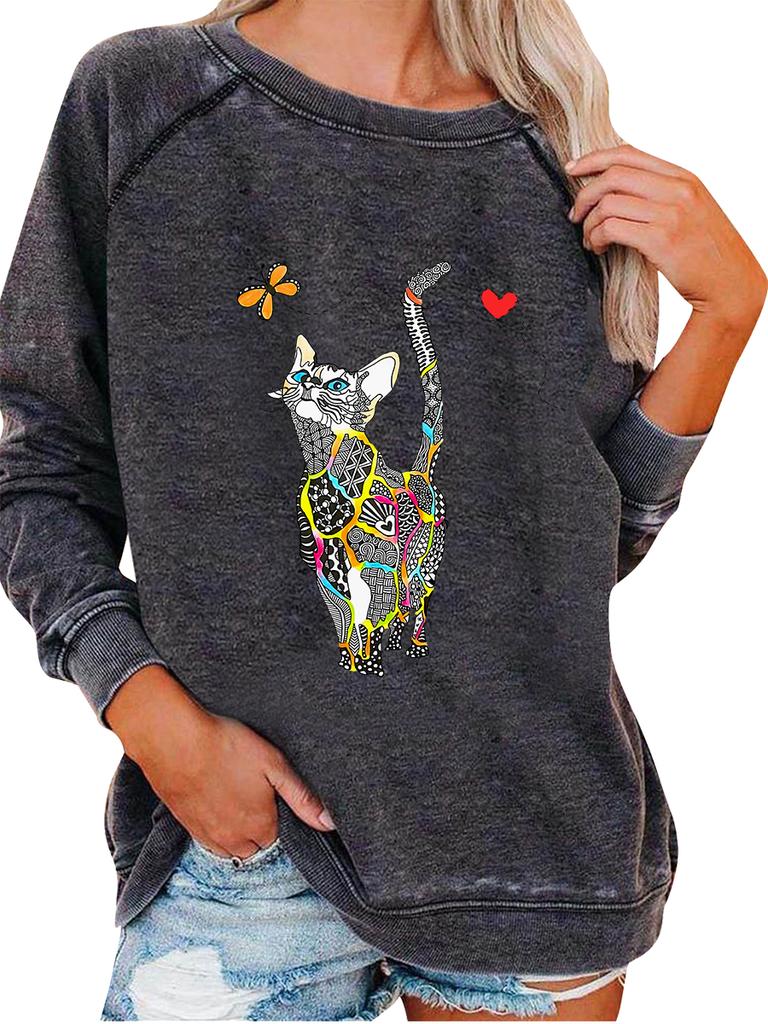Women's Pullover Sweatshirt Oversized Sweatshirt Women's Spring/Fall Fashion Cat Print Top