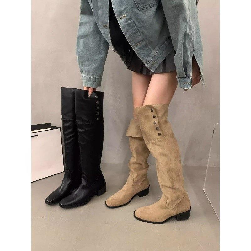 Ρετρό στυλ χοντρό τακούνι δύο τρόπων αναδιπλούμενες μπότες με γούνα λεπτές γουέστερν μπότες καουμπόη ψηλές μπότες αρχές φθινοπώρου νέες μπότες ιππότη γυναικείες
