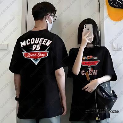 La Camiseta con Estampado de Coche Rayo McQueen Para Mujer Unisex Verano Pareja Dibujos Animados Algodón Manga Corta Camisetas Cuello Redondo Tops Casuales
