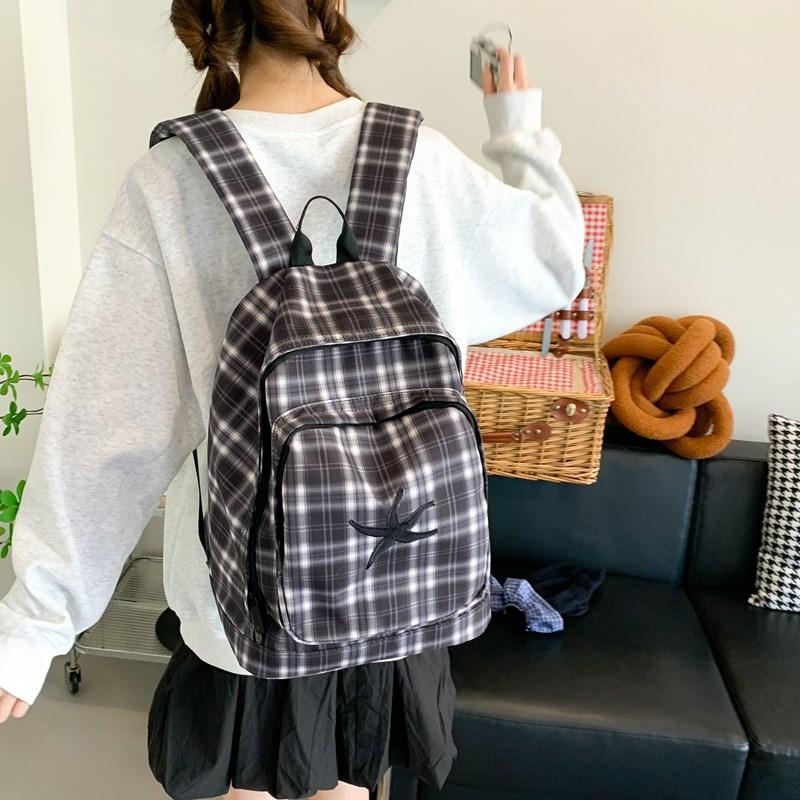 School bag female college student retro versatile black and white plaid backpack college style high school student large capacity backpack tide