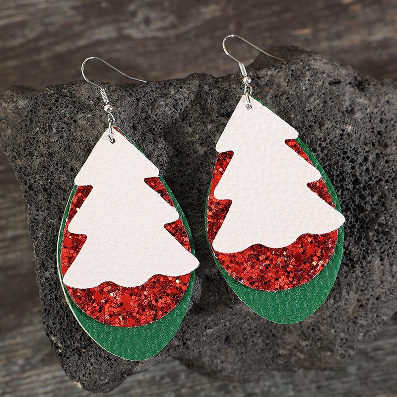 

Teardrop Multicolor Leather Christmas Tree Earrings - Retro Style зелёный