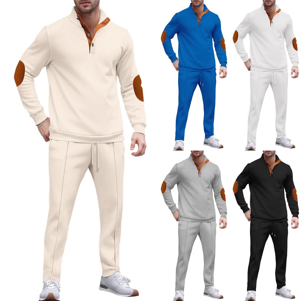 Men'S Stand Up Collar Button Casual Long Sleeved Shirt Long Pants Sports Suit