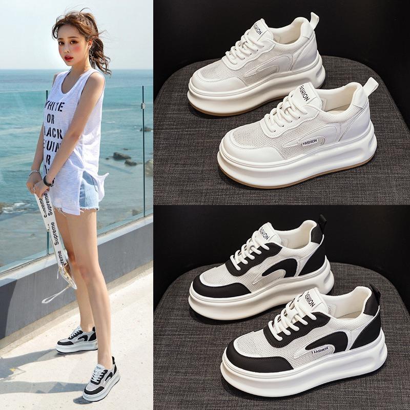 Small Size Inner Height Increase Net Shoes Women's Summer Leather Mesh Breathable Single Shoes 8 Muffin Thick-soled White Shoes