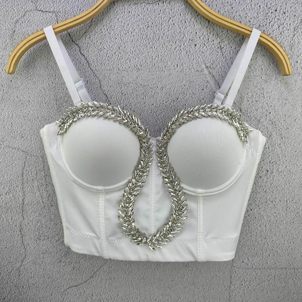 Leaf-shaped Rhinestone Chain Short-sleeved Tank Top with A Sophisticated and Elegant Vibe Perfect for Street Style Fashion. Camis & Tank Tops