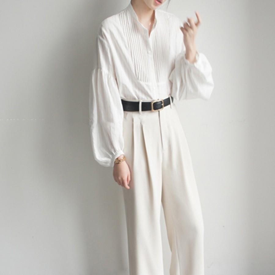 French retro dark vertical stripe pit pleated small stand-up collar loose fashionable literary lantern sleeve cotton shirt