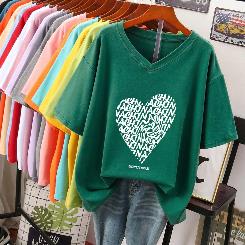 Tricou cu mânecă scurtă pentru femei, mărime mare, design larg și subțiere, nișă, bumbac pur, top cu gât în V care acoperă burta