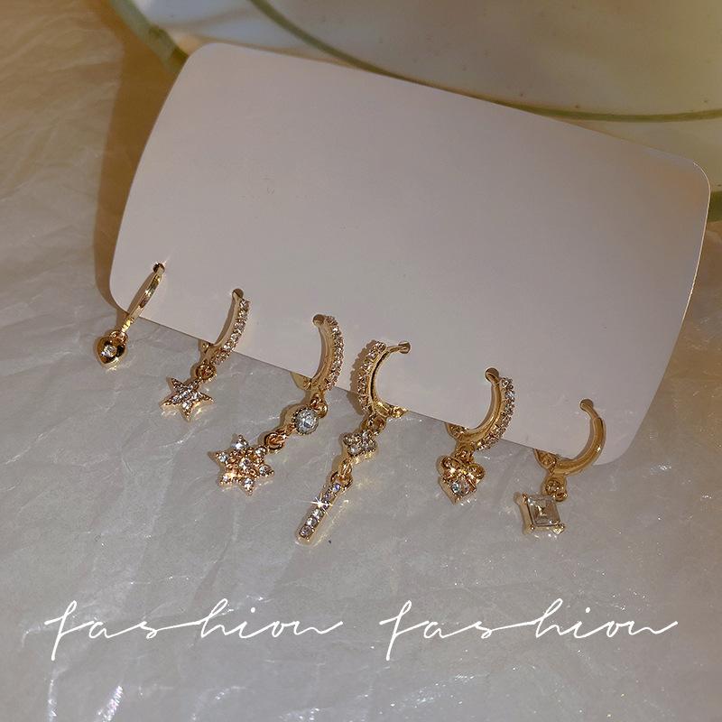 925 Silver Needle Star Moon Diamond Set Ear Buckle Internet celebrity personalized fringed earrings