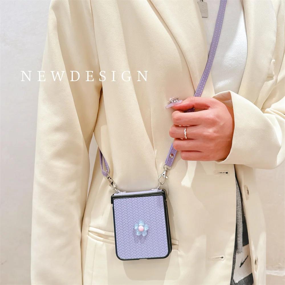 Weave Crossbody Leather Flower Stickers Phone Case for Samsung Galaxy Z Flip 6 5 4 3 Flip6 Flip5 Flip4 Flip3 Shockproof Cover