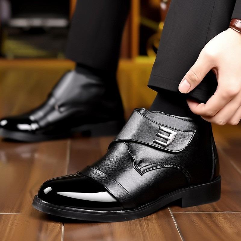 Cotton Leather Boots Winter High-top Velvet Thickened Warm Men's Shoes Leather Surface Windproof Warm Cotton Shoes Glossy Business Casual Shoes