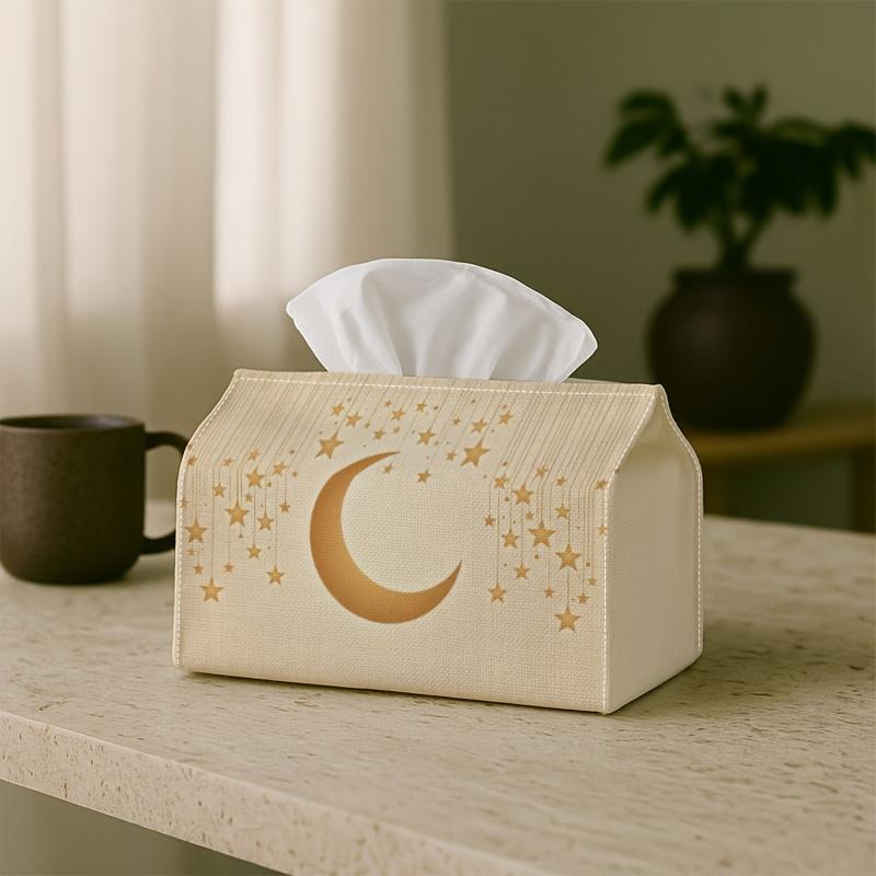 1pc Ramadan Minimalist Moon Tissue Box| Multi-Functional Napkin Dispenser, Made of Durable Polyester, Decorated with Beige Golden Star Decor, Suitable