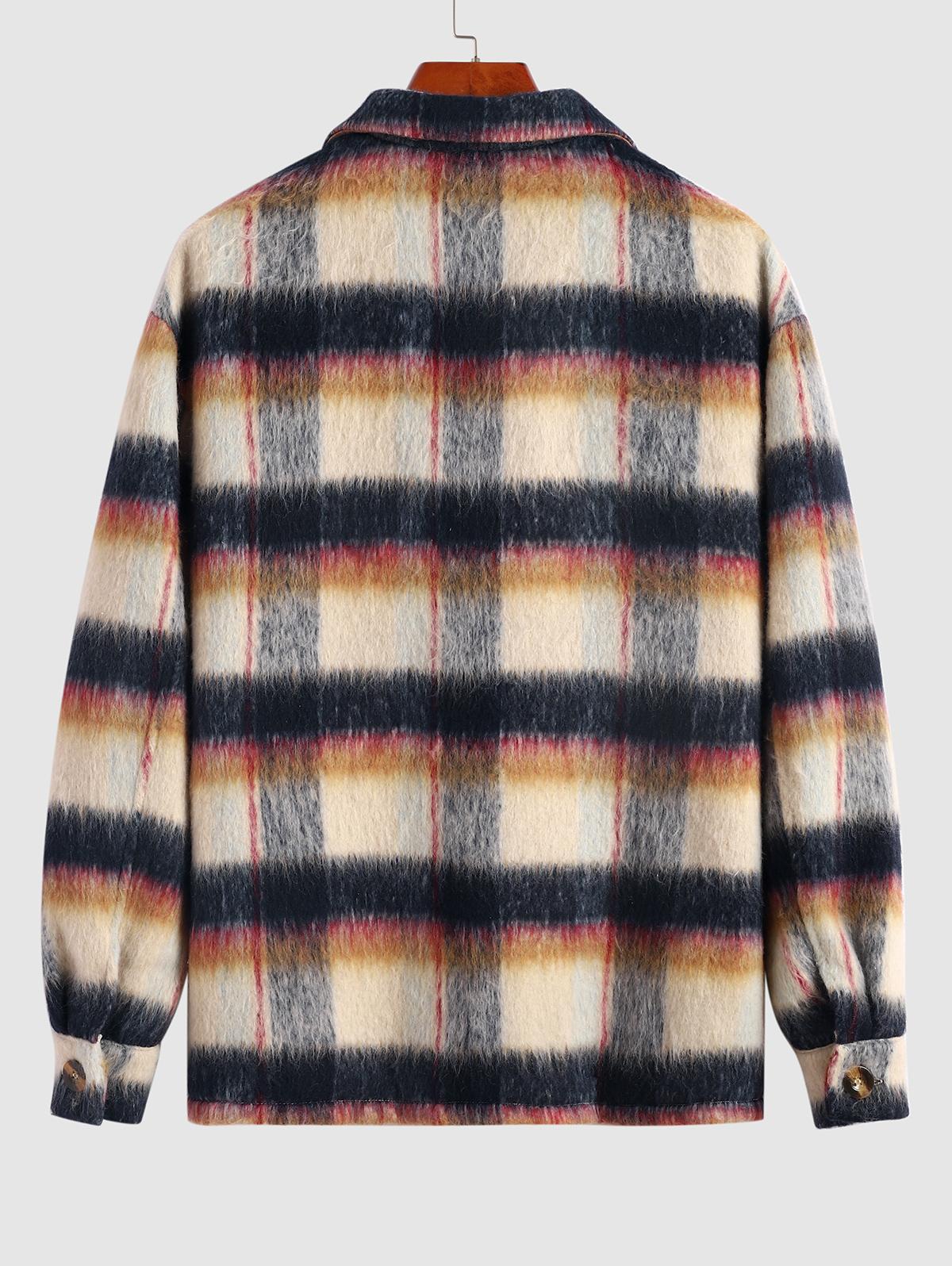 ZAFUL Men's Casual Felt Fluffy Turn Down Collar Ombre Plaid Pocket