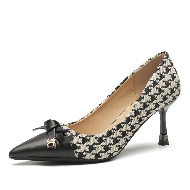 83846 single shoes women's spring and summer new thousand bird grid fashion temperament thin heel shallow bow 7cm high heels