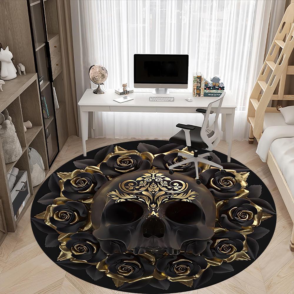 1pc Skull Roses Artwork Chair Carpet for Office, Round Non Slip Durable Large Size Office Carpet, Suitable for Office